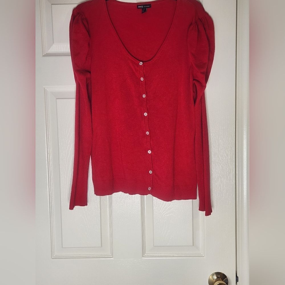 MNG by Mango XL Red VISCOSE Blend Puff Sleeve Buttons Up Women Cardigan Sweater